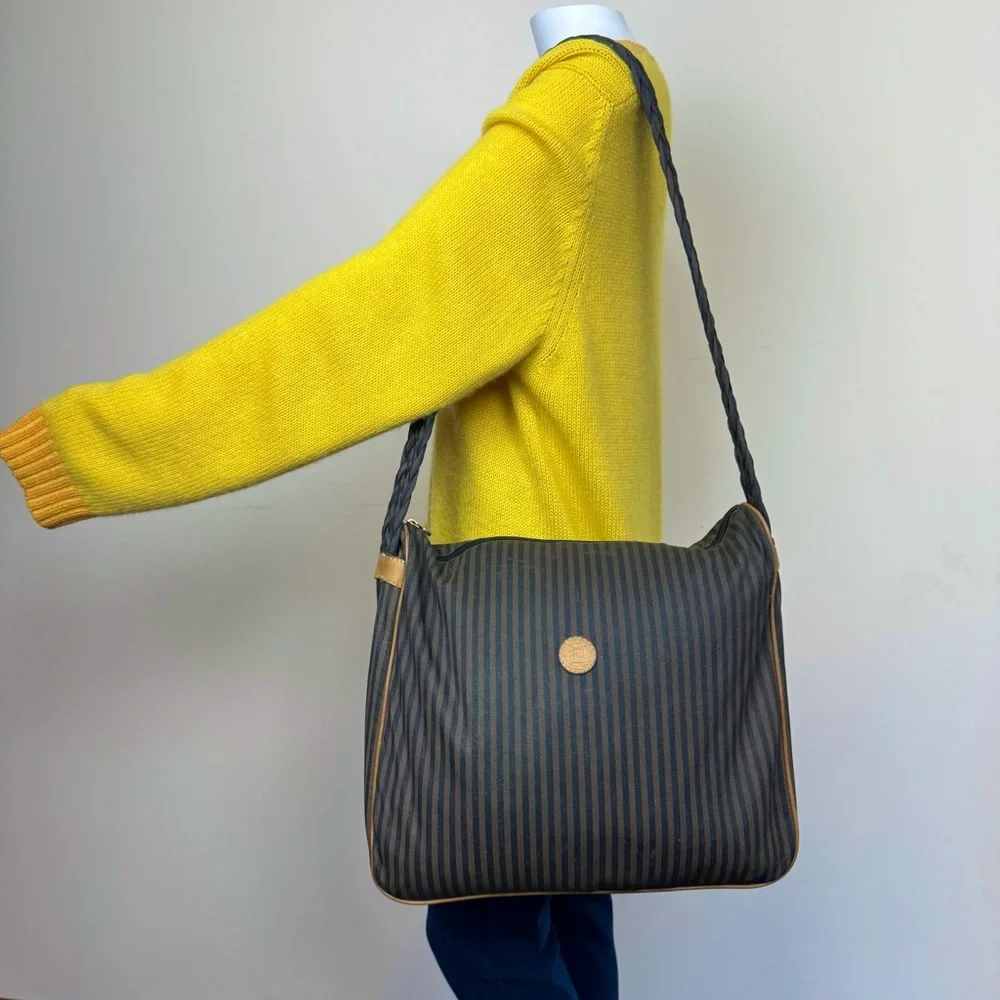 Fendi Zucca Stripe Canvas Shoulder Crossbody Logo Bag Brown Black Vintage